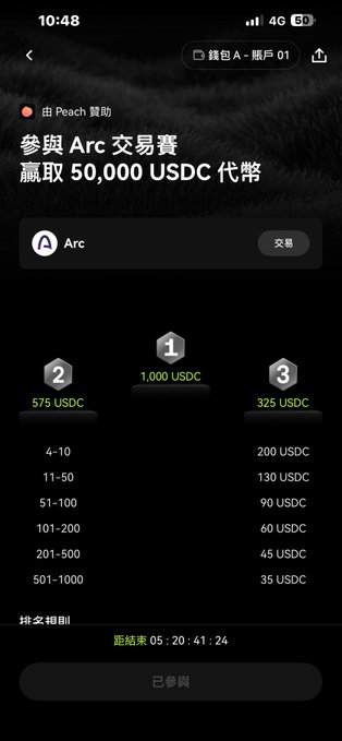 A mobile app screen in Chinese for a PeachBit-sponsored Arc trading competition offering a 50,000 USDC prize pool, showing a countdown timer of 05 days, 20 hours, 41 minutes.
