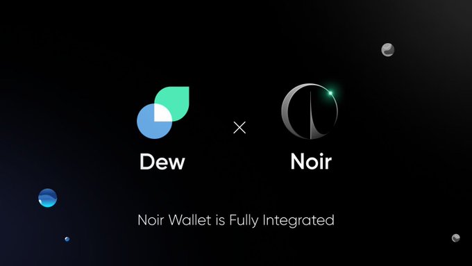 A promotional graphic featuring the Dew and Noir logos side-by-side with an "×" between them, announcing "Noir Wallet is Fully Integrated," which aligns with the post highlighting Noir Wallet's privacy-focused ZECFi integration and availability on the Chrome Web Store.