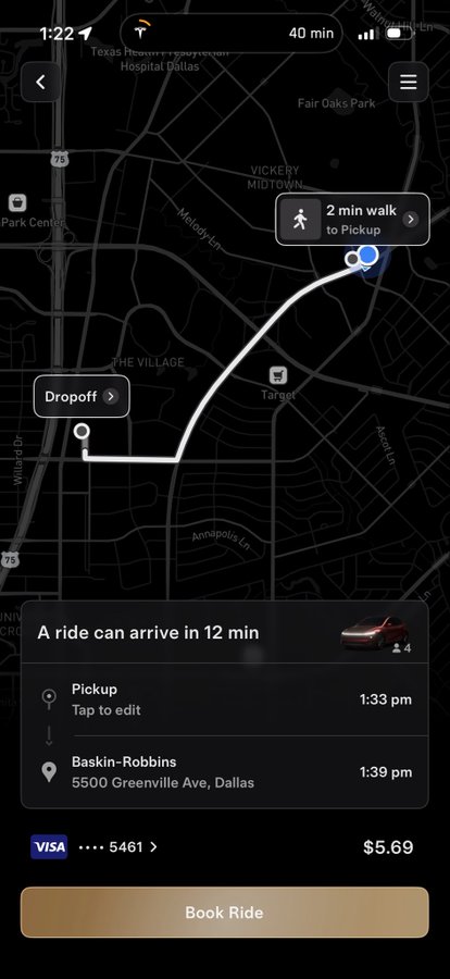 A screenshot of a ride-hailing app interface showing a map with a pickup and dropoff route in Dallas, indicating a 12-minute wait for the ride to 'Baskin-Robbins' costing $5.69.