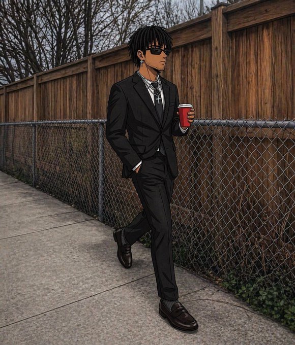 An anime-style illustration of a stylish young man with dreadlocks, wearing a black suit, sunglasses, and a cross necklace, walking along a sidewalk holding a red cup.
