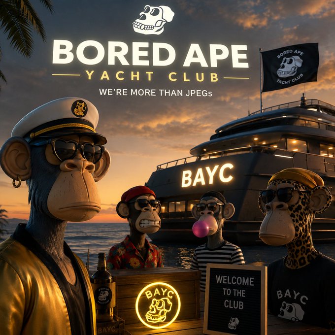 The image features four animated monkeys standing next to each other near a boat. They are wearing sunglasses and holding signs that say "Welcome to the Bayc Club". The background of the image shows a boat, suggesting they might be at a yacht club or a similar location. The text in the image reads "Bored Ape Yacht Club" which indicates it is an NFT collection related to the Bored Ape Yacht Club.

The post also mentions that the Bored Ape Yacht Club has become more than just an NFT collection, as it represents Web3 culture and digital ownership. The monkeys are wearing sunglasses and holding signs with "Welcome to the Bayc Club", which implies they are part of a community or club related to the Bored Ape Yacht Club.

The image also includes a bottle and a wine glass, suggesting that there might be some socializing or celebration taking place at the yacht club. The presence of these objects further emphasizes the idea of a gathering or event associated with the Bored Ape Yacht Club.