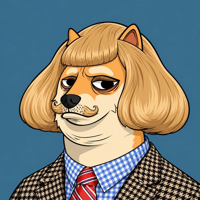 An illustration depicts an anthropomorphic Shiba Inu dog with a blonde bob haircut wearing a houndstooth jacket, blue checkered shirt, and red striped tie.
