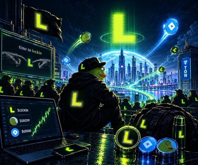 A digital illustration depicts a figure in a black hoodie with an 'L' logo overlooking a neon-lit futuristic city, with a laptop displaying a trading chart for 'SLOCKIN', '$GROYP', and '$GRAM' tokens.