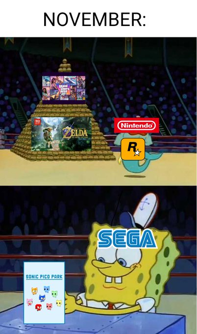 A two-panel meme with "NOVEMBER:" header showing a wrestling ring scene with SpongeBob characters representing Nintendo (with Zelda game) and SEGA (with Sonic Pico Park game) facing off.