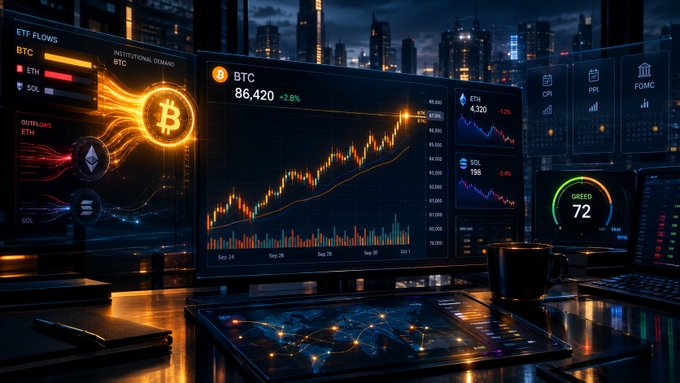 A sleek financial trading setup displays multiple monitors showing Bitcoin (BTC) trading at 86,420 with a +2.8% gain, alongside ETH at 4,130 (-1.2%) and SOL at 198 (-2.4%), with a "GREED 72" sentiment indicator visible. The image visually reinforces the post's point by showing BTC's positive price action contrasted with ETH and SOL's declines, illustrating the institutional concentration in Bitcoin that the post highlights through ETF flow data.