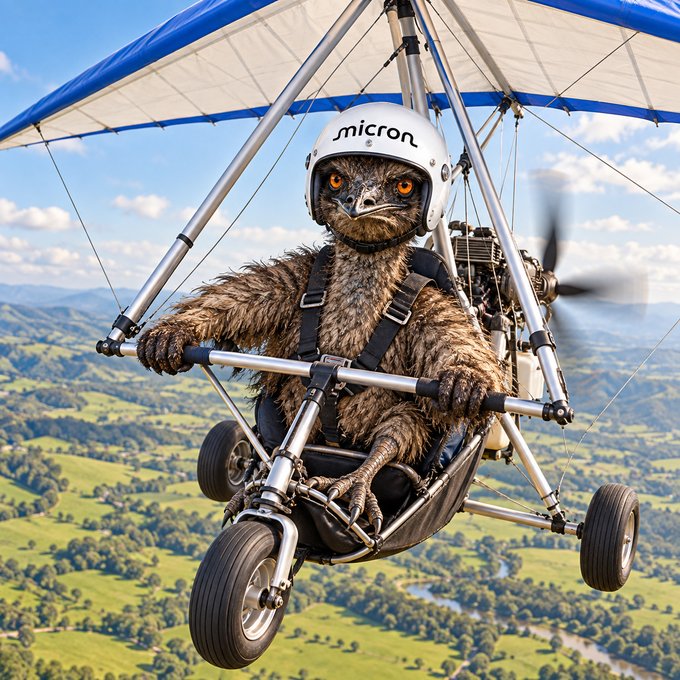 A surreal digital artwork depicting an owl wearing a 'micron' branded helmet, piloting a motorized hang glider above a scenic landscape of green hills and rivers.
