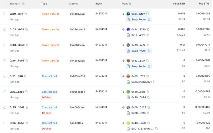 A screenshot of Etherscan showing a list of blockchain transactions with tx hash values, ETH values, and fee ETH, primarily token transfers and contract calls, some marked as "Failed," illustrating the broader context of blockchain networks experiencing downtime issues mentioned in the post.