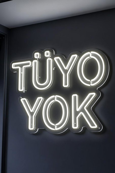 A bright white neon sign reading "TÜYO YOK" is mounted on a dark wall. The Turkish phrase translates to "No advice" or "There is no tip/recommendation," visually reinforcing the post's message that the author is no longer sharing analyses or tips—only personal financial market strategies and calling for unfollows from those seeking stock tips.