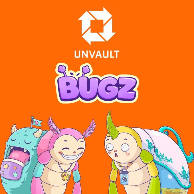 Promotional artwork for 'UNVAULT BUGZ' featuring three colorful cartoon caterpillar-like characters against an orange background.