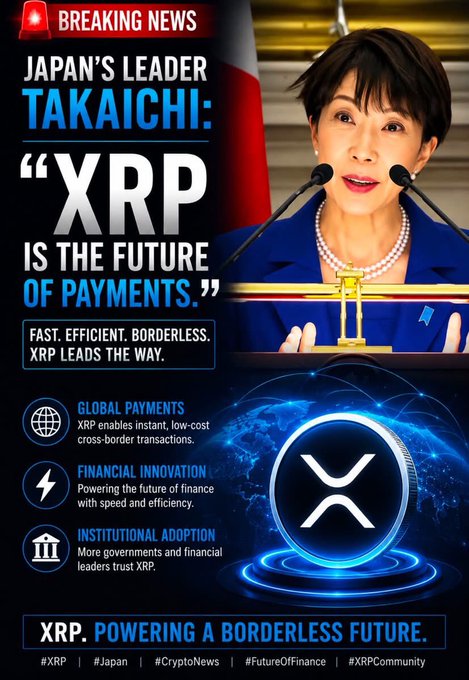 A fake 'BREAKING NEWS' graphic shows an Asian woman speaking at a podium with the text 'JAPAN'S LEADER TAKAICHI: XRP IS THE FUTURE OF PAYMENTS', promoting XRP adoption.