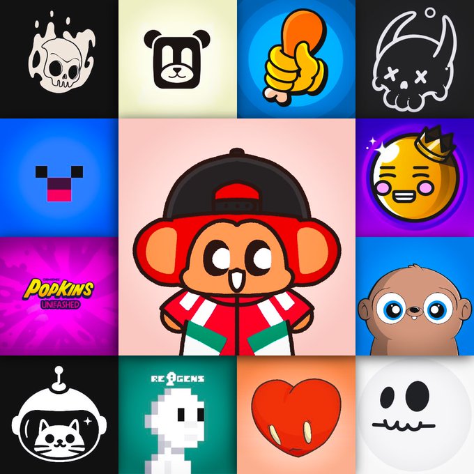 A grid of NFT profile picture collections including CryptoPunks, Pudgy Penguins, and Moonbirds, with "Poopkins Unleashed" branded in the center-left, showcasing the user's diverse NFT collection being referenced in the post.