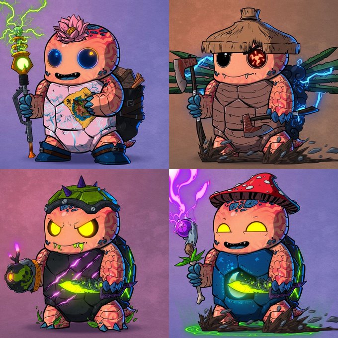 An illustration showing four turtle character designs in different outfits - one with a lotus on its head, one as a scarecrow with an axe, one in spiked armor, and one as a mushroom character.