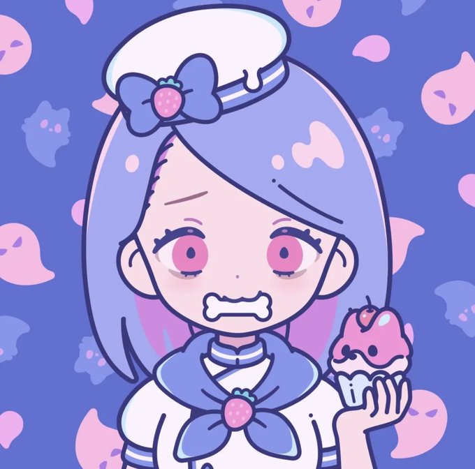 An anime-style illustration of a blue-haired girl in a sailor outfit holding an ice cream cone with a slightly distressed expression against a blue patterned background.