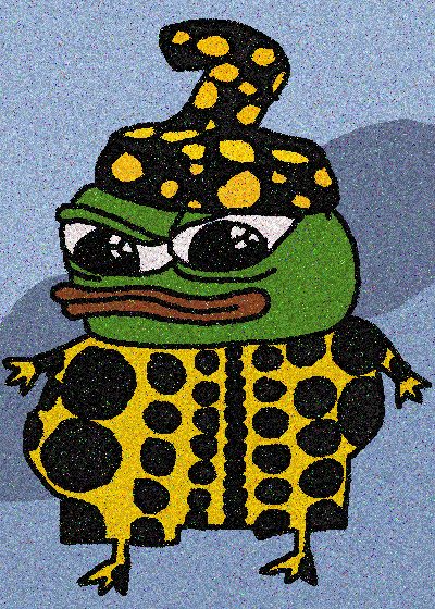 A colorful, textured illustration of a green frog-like character with sad eyes, wearing yellow and black polka-dot clothing and a matching hat.