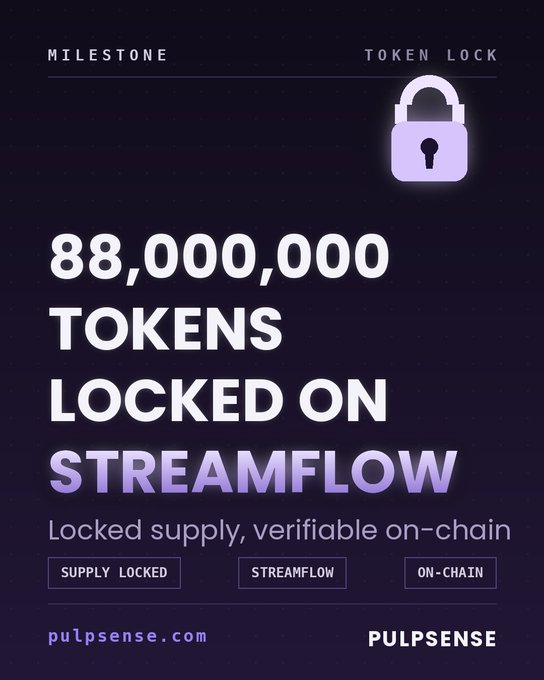 A milestone graphic announcing "88,000,000 tokens locked on Streamflow" for $PULP, featuring a purple padlock icon and branding from Pulpsense, highlighting that the locked supply is verifiable on-chain.