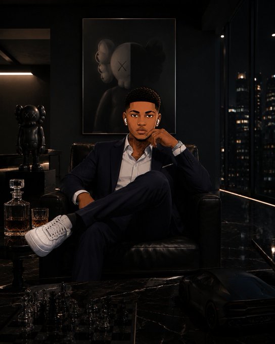 A stylized portrait of a young man in a navy suit and white sneakers sitting in a dark leather chair in a luxurious room with city skyline views at night, a KAWS-style artwork behind him, and a decanter and glass on a side table.