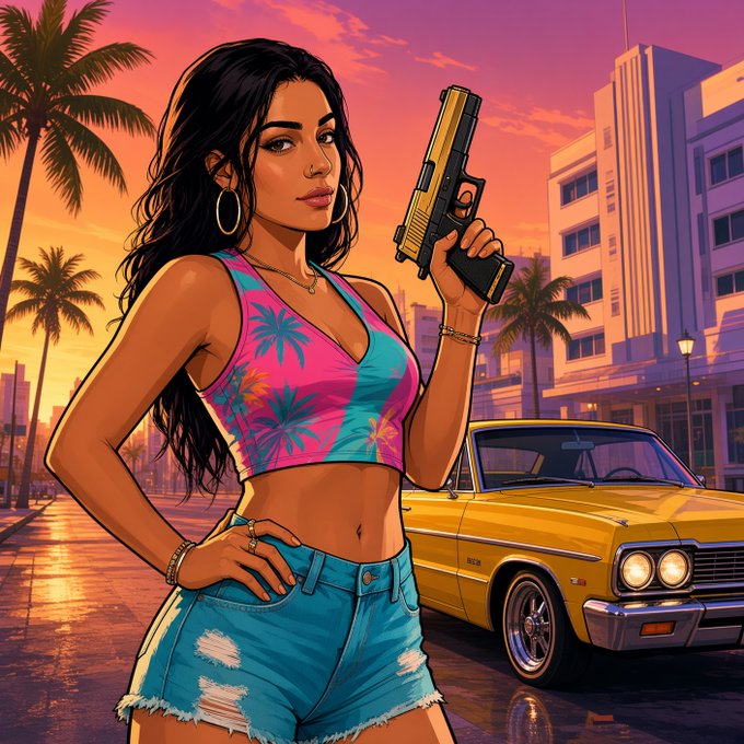 An illustration depicts a woman in a pink floral crop top and denim shorts holding a gold handgun, standing next to a yellow classic car at sunset in a city with palm trees.