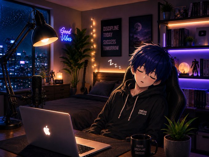 An anime character in a "Dream Chaser" hoodie slumps asleep at a glowing Apple laptop in a neon-lit bedroom, with "Good Vibes" and "DISCIPLINE TODAY SUCCESS TOMORROW" signs on the wall. The drowsy, late-night scene visually echoes the post's theme of balancing disciplined focus with rest, while a "FOCUS DISCIPLINE SUCCESS" mug hints at the grind that leads to deep dives into projects like Beldex's EVM approach.