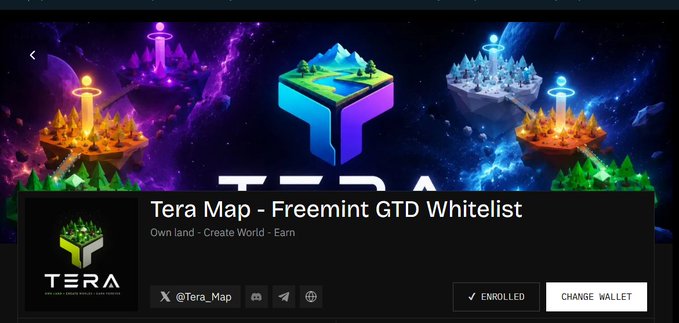 A promotional banner for 'Tera Map - Freemint GTD Whitelist' with the tagline 'Own land - Create World - Earn', showing stylized floating islands and the Tera logo.