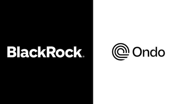 A split image displays the 'BlackRock.' logo in white on a black background alongside the 'Ondo' logo featuring a circular swirl symbol on a white background.