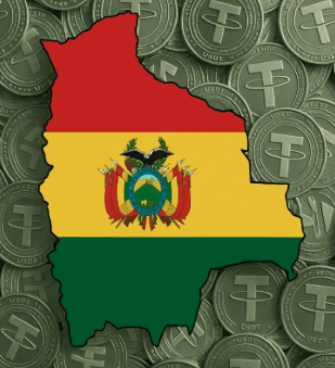 The image features Bolivia's national flag overlaid on a background of USDT (Tether) cryptocurrency coins, visually representing the news that Bolivia is considering officially circulating USDT alongside the U.S. dollar and the boliviano to address a foreign-currency shortage.