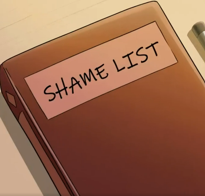 An animated illustration of a brown book with a pink label reading "SHAME LIST" written in black text.
