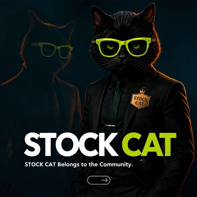A black cat wearing neon green glasses and a black suit poses against a dark background, with a "STOCK CAT" badge pinned to its lapel. The bold text reads "STOCK CAT — STOCK CAT Belongs to the Community," directly tying into the post's reference to the $SCAT token and its community-driven branding.