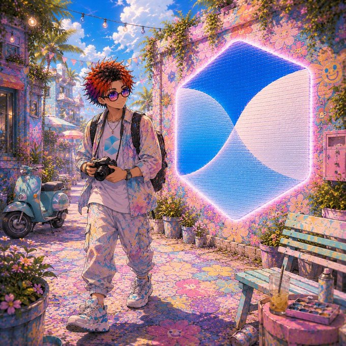 An anime-style illustration depicts a young person with spiky red hair, sunglasses, and a camera, standing in a vibrant, flower-filled courtyard next to a scooter and a wall painted with a large blue and white logo.