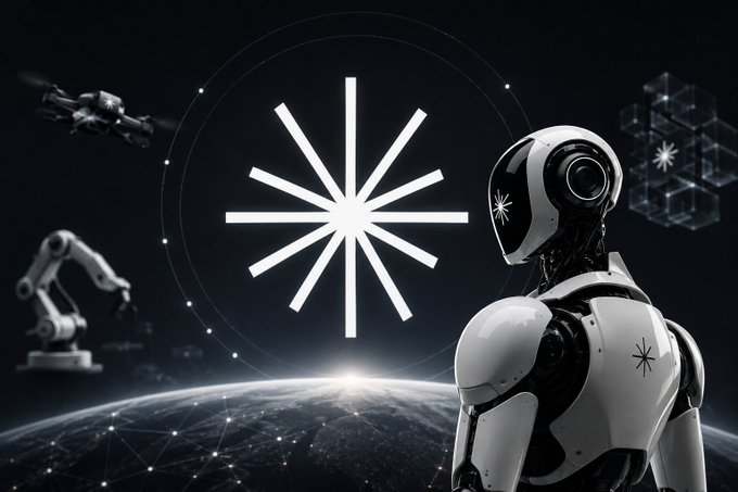 A futuristic white humanoid robot stands overlooking Earth from space, accompanied by a drone and a robotic arm, with a glowing starburst emblem in the background.