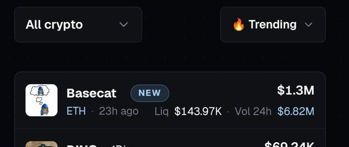 A screenshot of a cryptocurrency tracker shows "Basecat" (ticker: $Basecat) listed as a new token on Ethereum with a market cap of $1.3M, $143.97K liquidity, and $6.82M 24-hour volume, supporting the post's celebratory message about the intern-created token's growth toward 100M.