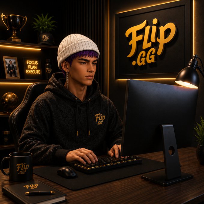 A stylized portrait of a young person with purple hair wearing a beanie and a black 'Flip.GG' hoodie, sitting at a gaming setup with a keyboard and monitor, with 'FOCUS PLAN EXECUTE' text visible on a shelf.