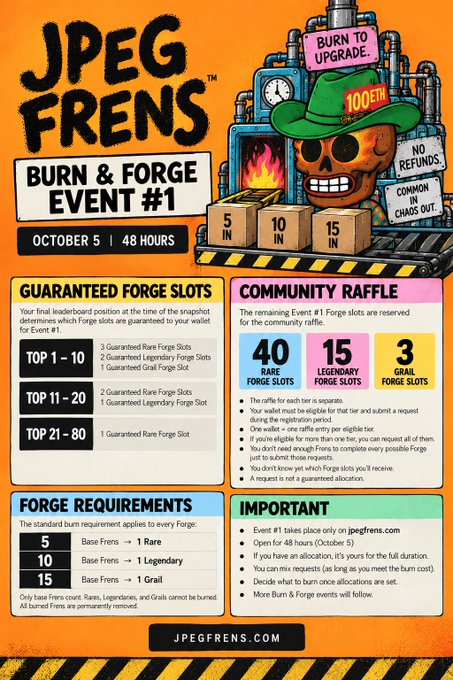 This image is a promotional infographic for "JPEG Frens - Burn & Forge Event #1," scheduled for October 5 with a 48-hour duration. The colorful graphic details the event mechanics, showing that burning 5, 10, or 15 Base Frens will forge 1 Rare, Legendary, or Grail Frens respectively, with guaranteed slots for the top 80 leaderboard holders and a community raffle reserving 58 additional forge slots. The post describes this as the first opening of "the furnace," allowing JPEG Frens holders to permanently burn Base Frens for a chance to forge rarer NFTs.