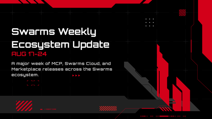 The image is a promotional banner for the "Swarms Weekly Ecosystem Update" dated August 17-24, featuring a sleek black and red futuristic design with geometric accents, highlighting major releases across MCP, Swarms Cloud, and the Marketplace.