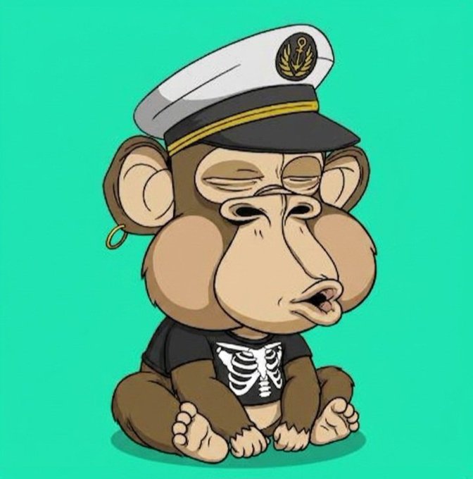 A cartoon image of a Bored Ape Yacht Club NFT wearing a white captain's hat and a black t-shirt with a white ribcage design.