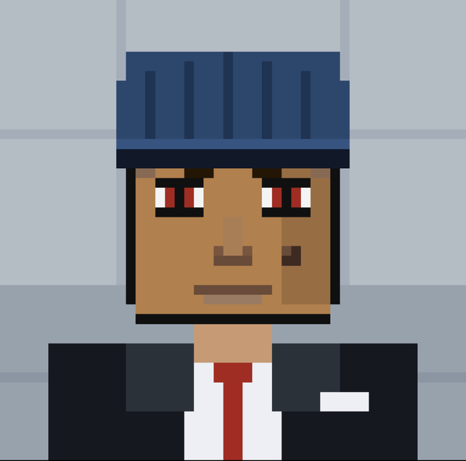 A pixel art character with brown skin, red eyes, wearing a blue striped cap, a black suit, white shirt, and red tie.