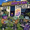 A pixel art scene featuring two cartoon characters at a stadium, with text reading "FRENS AROUND THE WORLD" and "OMG!" along with a large "2" graphic.