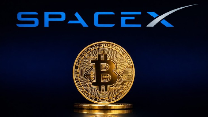 An image shows the SpaceX logo in blue against a dark background, positioned above a stack of golden Bitcoin coins.
