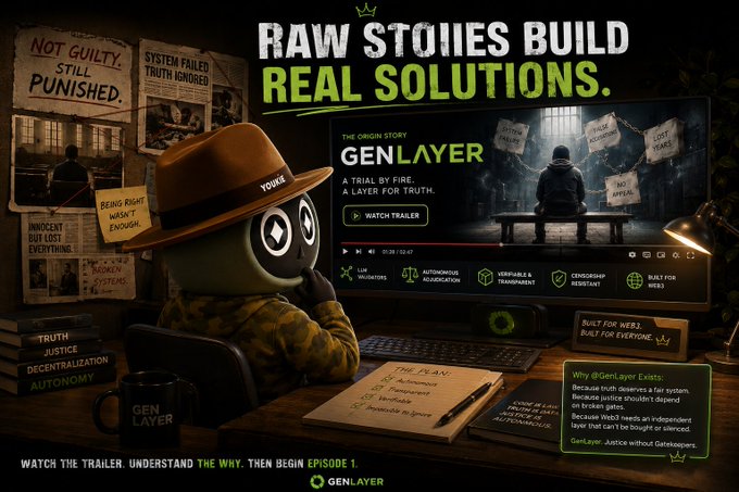 A gritty GenLayer promo shows a detective-like “Young” character investigating a flawed justice system, with the headline “RAW STORIES BUILD REAL SOLUTIONS” and a trailer for “The Origin Story: GenLayer.” It reinforces the accompanying post by framing GenLayer as born from a “trial by fire” where being right was not enough to overcome a broken system.