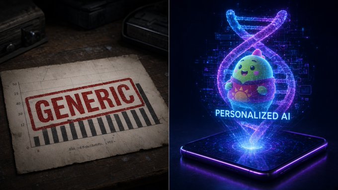 A split image contrasting a 'GENERIC' stamped document on the left with a glowing 3D hologram of a cute green monster character labeled 'PERSONALIZED AI' on the right.
