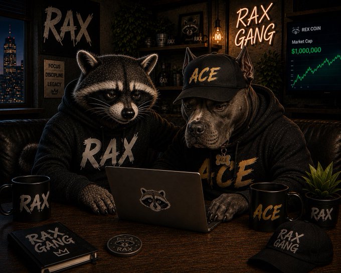 A raccoon (RAX) and a pitbull wearing an "ACE" cap sit together at a laptop in a dimly lit office, analyzing a chart showing "REX COIN" with a market cap of $1,000,000 and an upward green trend. The scene is surrounded by "RAX GANG" merchandise—mugs, notebooks, and caps—along with a wall reading "FOCUS DISCIPLINE LEGACY," visually symbolizing the partnership announcement between the two meme coin mascots to build together.