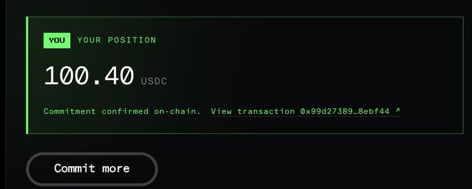 A dark interface displaying 'YOUR POSITION' of 100.40 USDC with a green checkmark and a confirmed on-chain commitment transaction link.