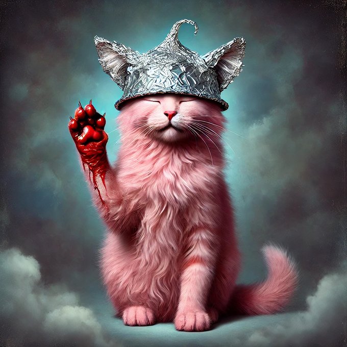 The image features a pink cat wearing a silver helmet with a tin foil hat that has been ripped off its head. The cat appears to be sitting or standing, possibly holding onto the tin foil hat as if it were a crown. The background of the image is a cloudy sky, which contrasts with the metallic appearance of the tin foil hat and adds depth to the scene. The caption "thesis still brilliant hold fast, slurp dip listen to metal understand $THC" suggests that this image might be related to a project or idea involving the cat wearing the tin foil hat.