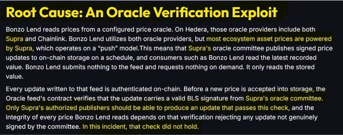 Text slide titled 'Root Cause: An Oracle Verification Exploit' explaining how Bonzo Lend reads prices from price oracles, primarily Supra, and how a verification check failure led to an exploit.