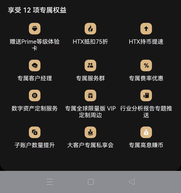 A screenshot of a digital interface in Chinese titled '享受12项专属权益' (Enjoy 12 Exclusive Benefits), listing various perks including Prime membership trial, HTX fee discounts, dedicated account managers, and custom digital asset services.