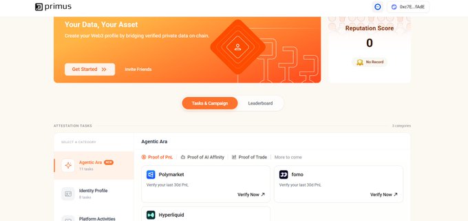 A Primus dashboard for privacy-preserving verification and real-world utility shows a “Reputation Score” of 0, “Agentic Aria” tasks, and providers including Polymarket, fomo, and Hyperliquid.