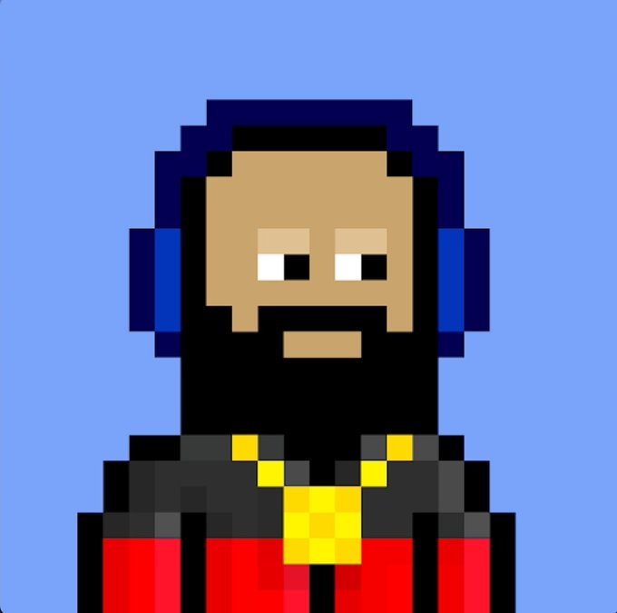 A pixel art portrait of a bearded man with dark hair and blue headphones wearing a red and black outfit with a gold chain, set against a blue background.