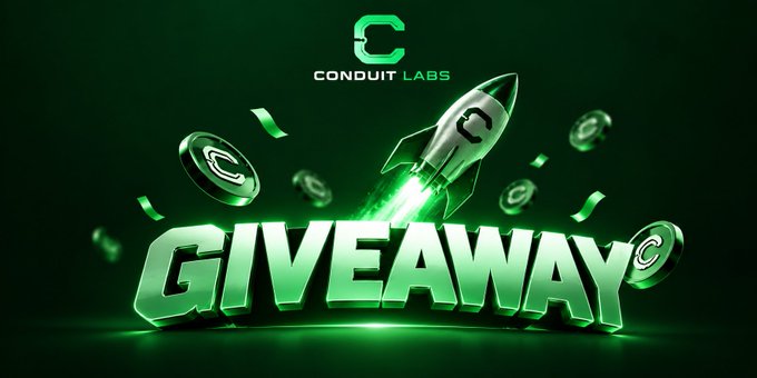 A promotional graphic for 'CONDUIT LABS' features a bright green 3D 'GIVEAWAY' text with a launching rocket and floating coins marked with a 'C' logo against a dark green background.