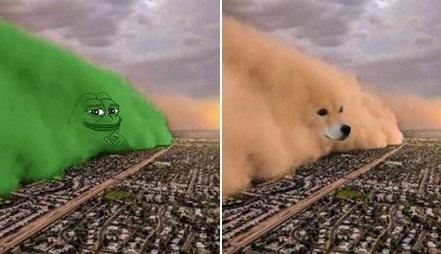 A side-by-side comparison image showing a giant green wave with a face overlay (left) and a giant fluffy white dog or cloud creature (right) looming over a city landscape.