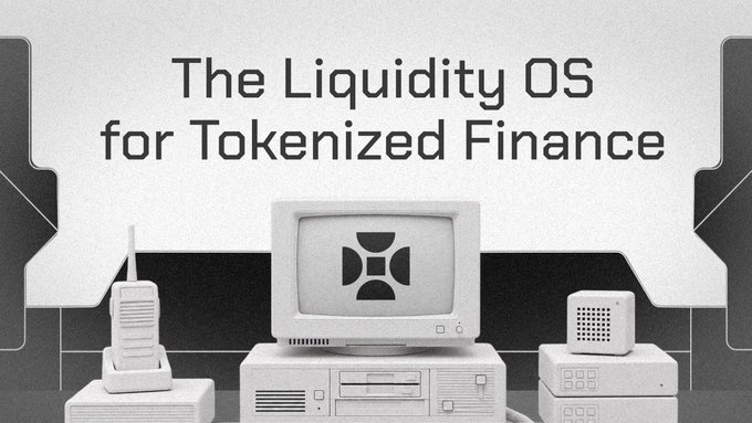 A promotional graphic featuring vintage computer equipment (monitor, phone, desktop tower) with the text 'The Liquidity OS for Tokenized Finance' and a central logo.