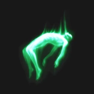 A glowing green ghost-like figure or spirit bending forward against a black background, with a wispy, ethereal appearance.